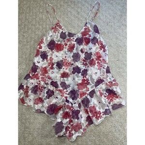 Vintage Floral Teddy Sheer Ruffle Lingerie Pink Purple Metallic Thread Sz Petite